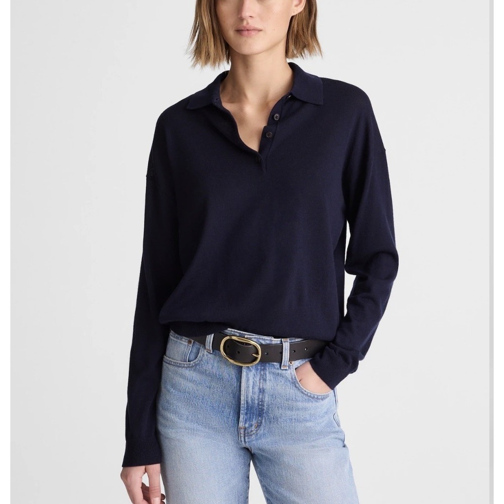 NWT Madewell Drop-Shoulder Polo Sweater Merino Wool Womens S Navy Blue Relaxed